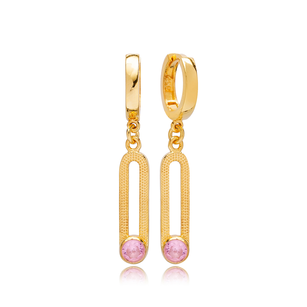 October Pink Quartz Birthstone Ø12mm Hoop Dangle Earrings Wholesale Turkish 925 Silver Sterling Jewelry