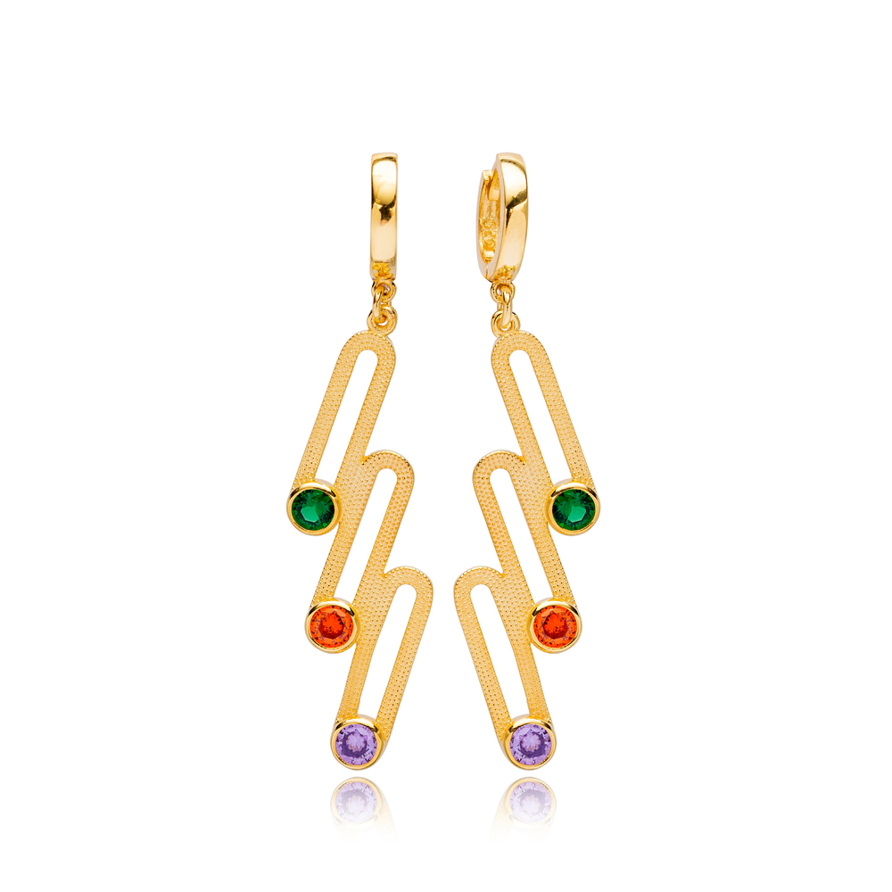 Stylish Geometric Shape Colorful Zirconia Stone Design Silver Dangle Earrings Wholesale Turkish Sterling Silver Jewelry