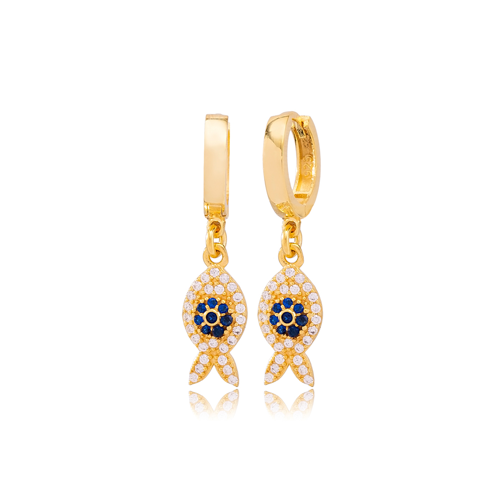 Stylish Fish Design Sapphire and Zircon Stone Detailed Dangle  Earrings  Turkish Wholesale Handmade Sterling Silver Earring