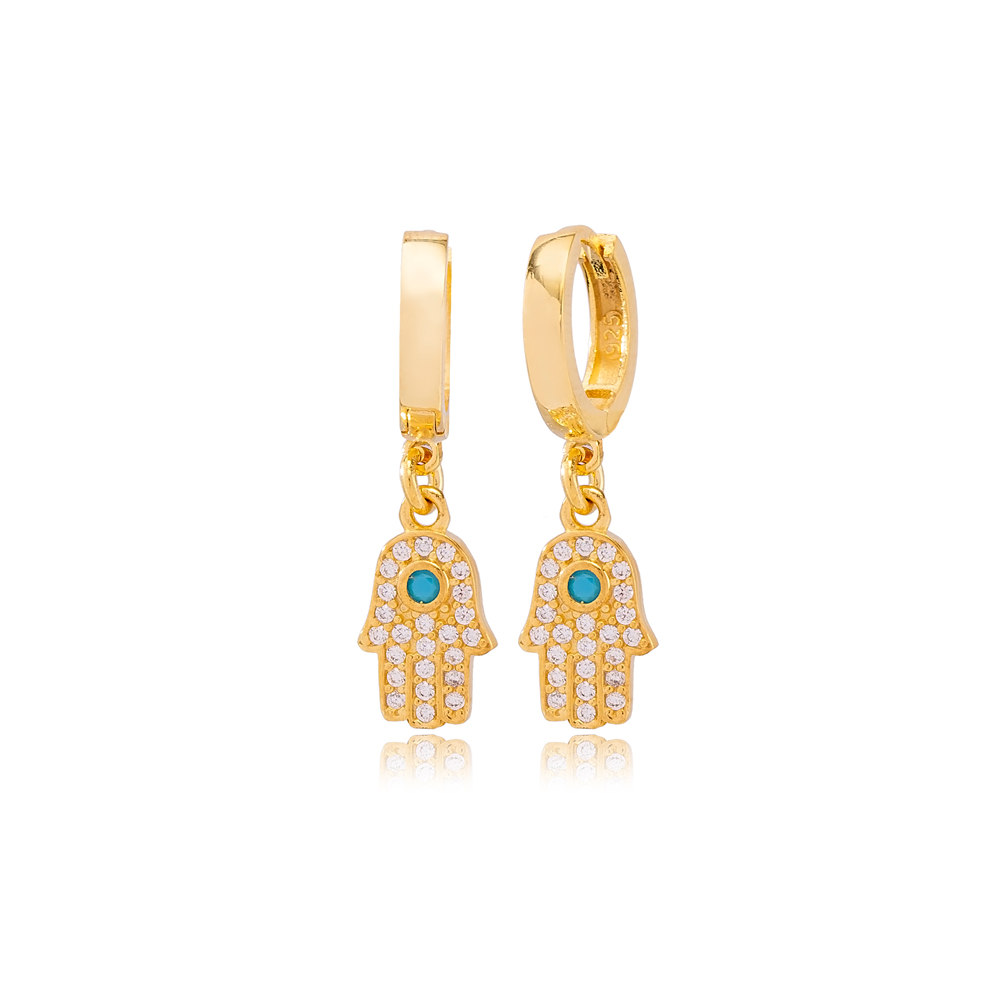 Hamsa Design Zircon and Turquoise Detailed Dangle Earrings Wholesale 925 Sterling Silver Jewelry