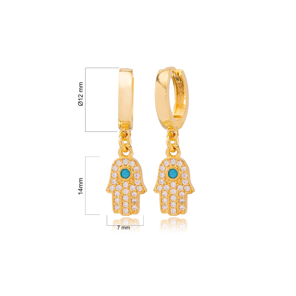 Hamsa Design Zircon and Turquoise Detailed Dangle Earrings Wholesale 925 Sterling Silver Jewelry