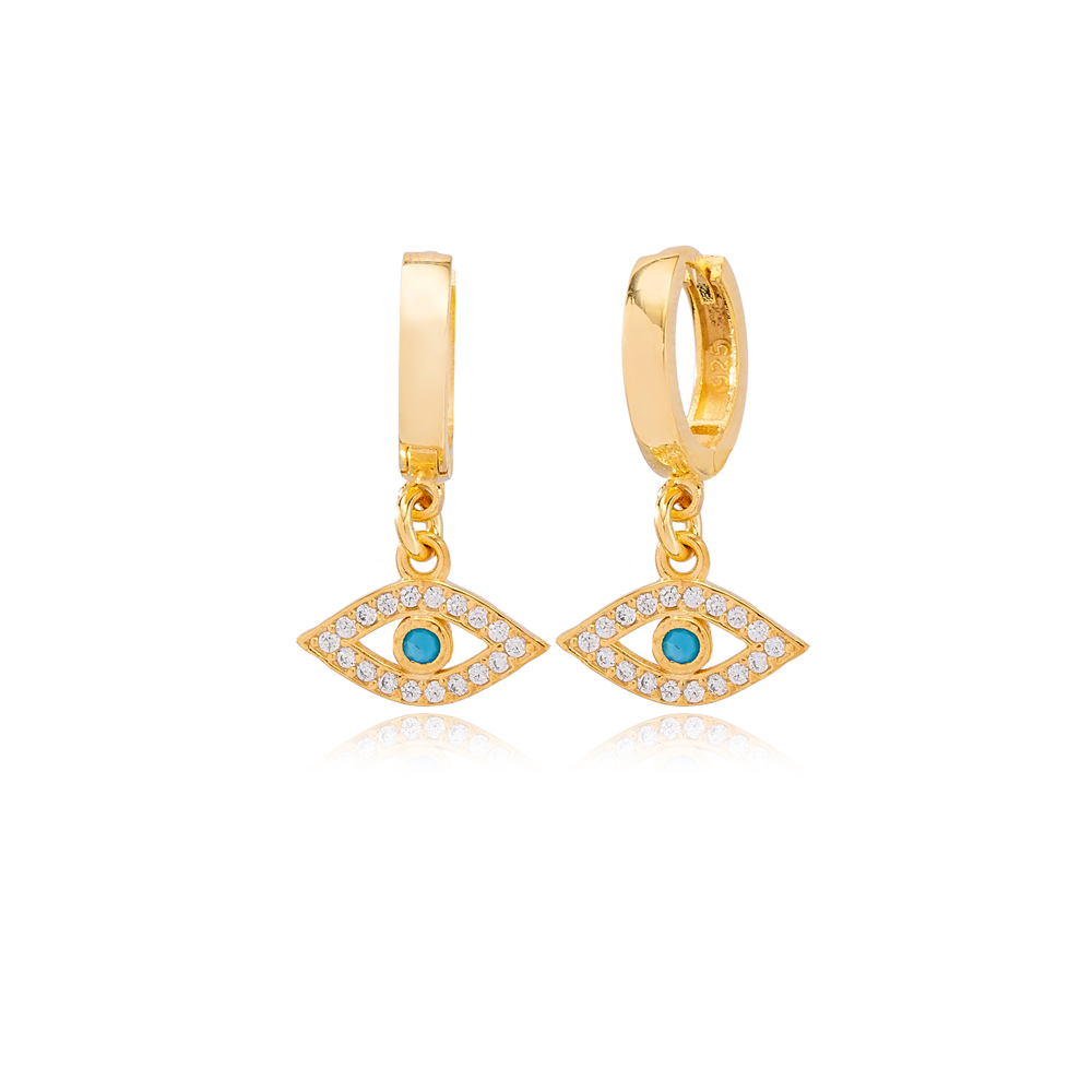 Trendy Evil Eye Design Zircon and Turquoise Stone Detailed Dangle Earrings Turkish Wholesale 925 Sterling Silver Jewelry