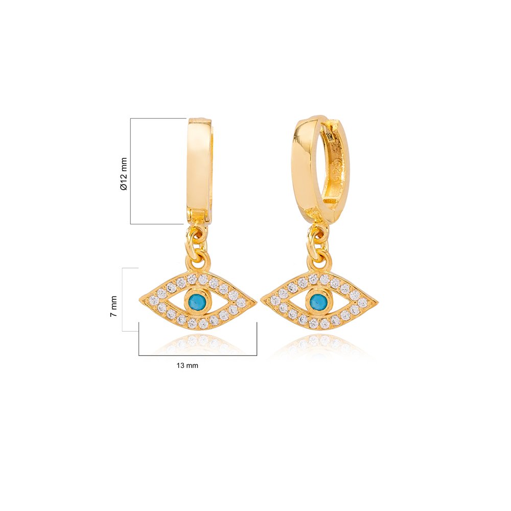 Trendy Evil Eye Design Zircon and Turquoise Stone Detailed Dangle Earrings Turkish Wholesale 925 Sterling Silver Jewelry