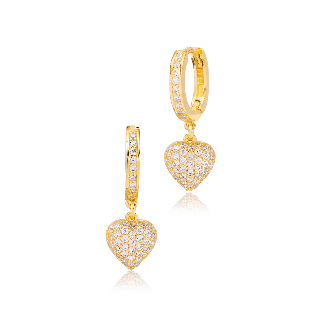 Heart Design Zircon Stone Dangle Earrings Turkish Wholesale Handmade 925 Sterling Silver Jewelry