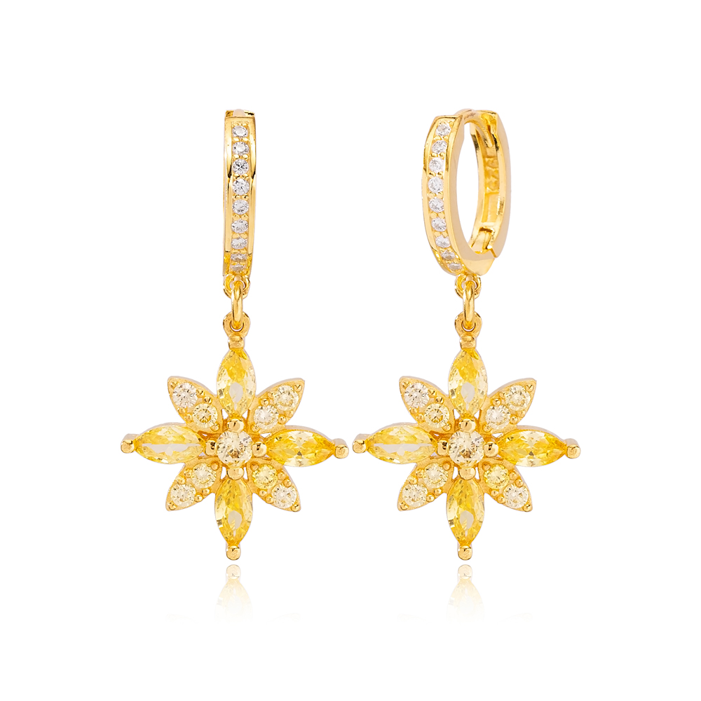 Elegant Flower Design Citrine Stone Dangle Earrings Turkish Wholesale Handmade 925 Sterling Silver Jewelry