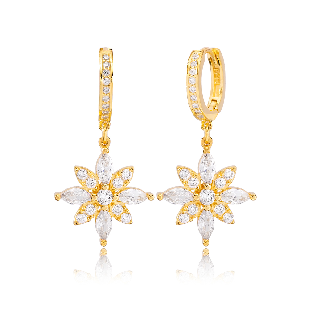 Stylish Flower Design Citrine and Zircon Stone Dangle Earrings Turkish Wholesale Handmade 925 Sterling Silver Jewelry