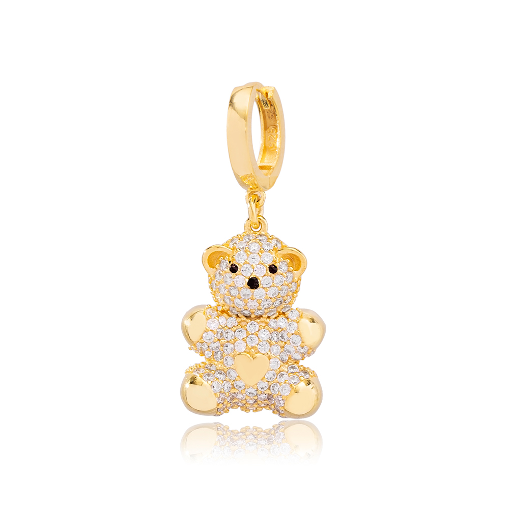 Cute Bear Design Zirconia Stone Dangle Single Earring Turkish 925 Silver Sterling Silver Jewelry