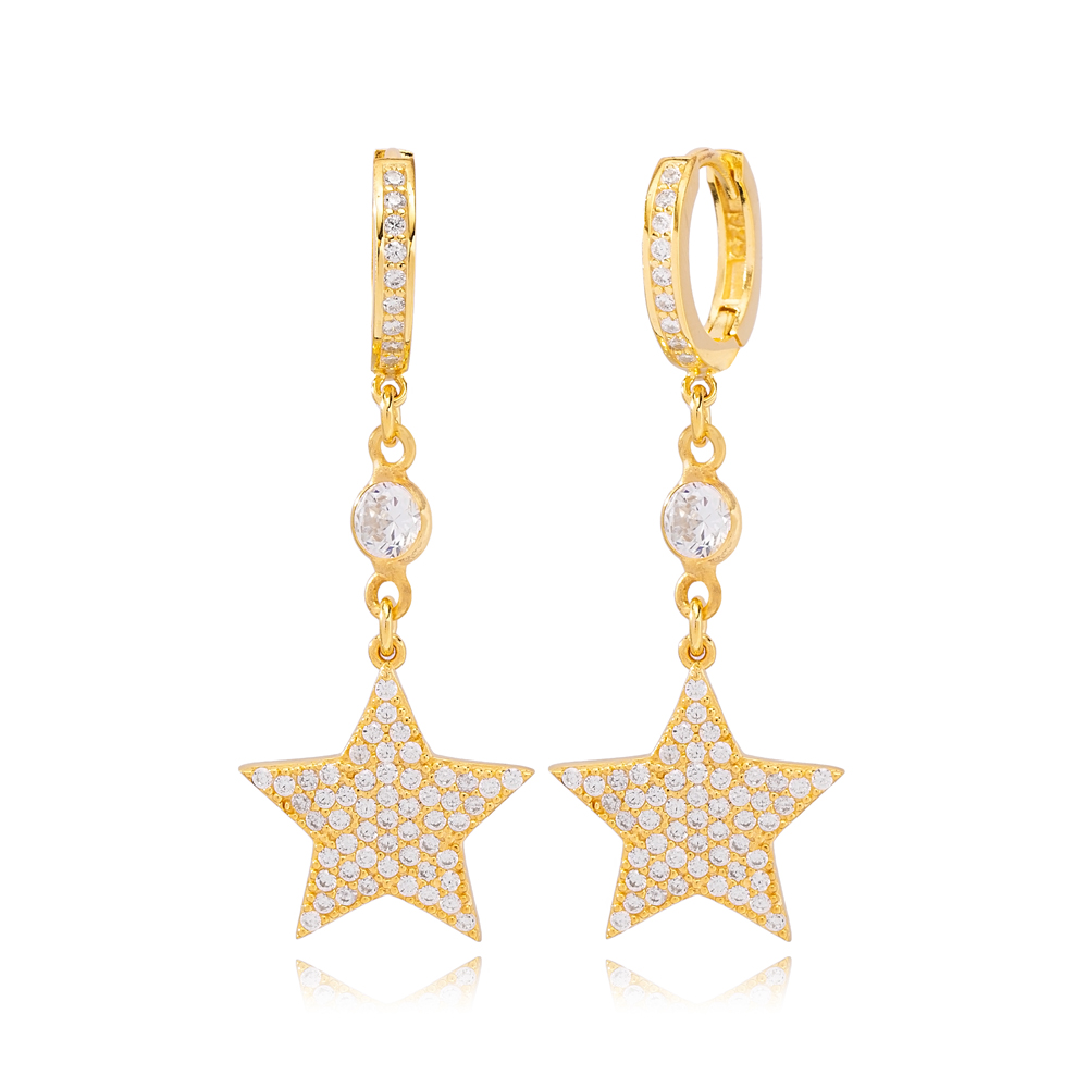 Trendy Star Design Zircon Stone Dangle Earrings Turkish Wholesale Handmade 925 Sterling Silver Jewelry