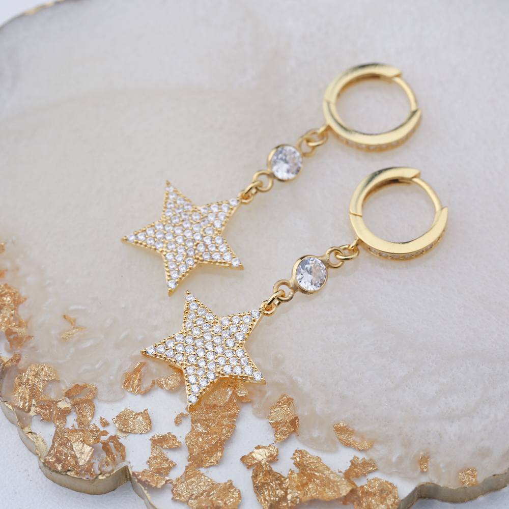 Trendy Star Design Zircon Stone Dangle Earrings Turkish Wholesale Handmade 925 Sterling Silver Jewelry