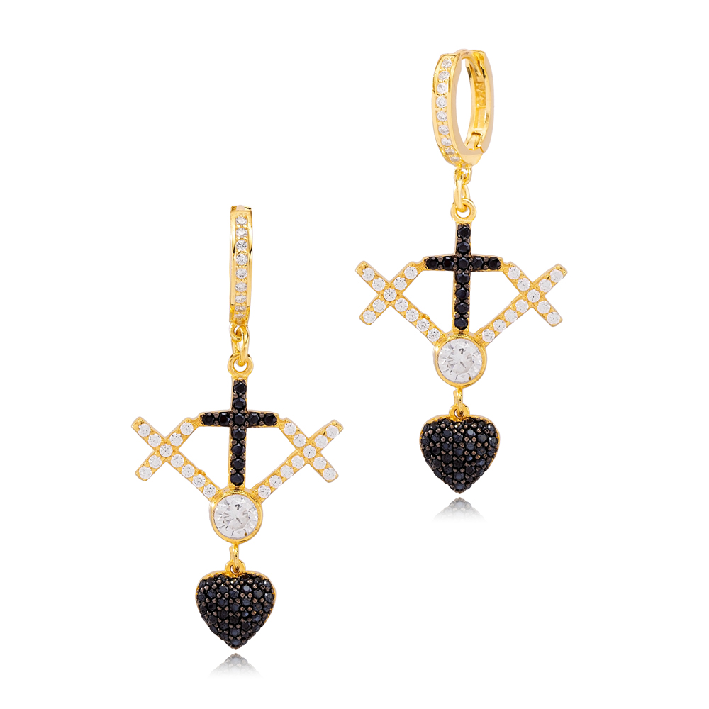 Unique Cross Design White and Black Zircon Dangle Earrings Wholesale Turkish Handmade 925 Sterling Silver Jewelry