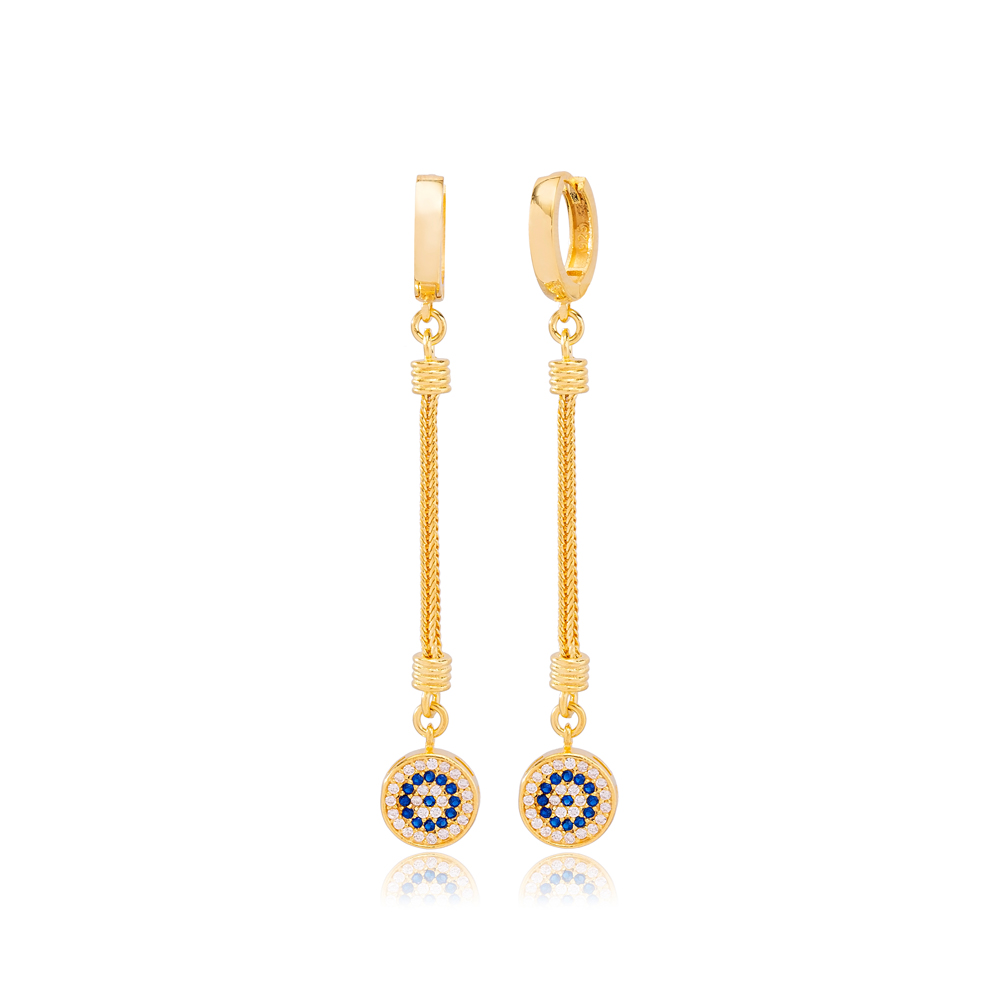 Elegant Round Charm Zircon and Sapphire Stone Dangle Long Earrings Wholesale Turkish Handmade 925 Sterling Silver Jewelry