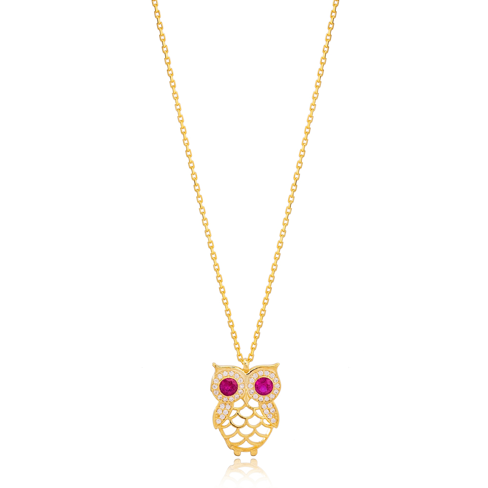 Chic Owl Charm Ruby and Zircon Stone Pendant Necklace Turkish 925 Sterling Silver Jewelry