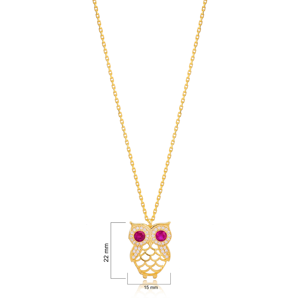 Chic Owl Charm Ruby and Zircon Stone Pendant Necklace Turkish 925 Sterling Silver Jewelry