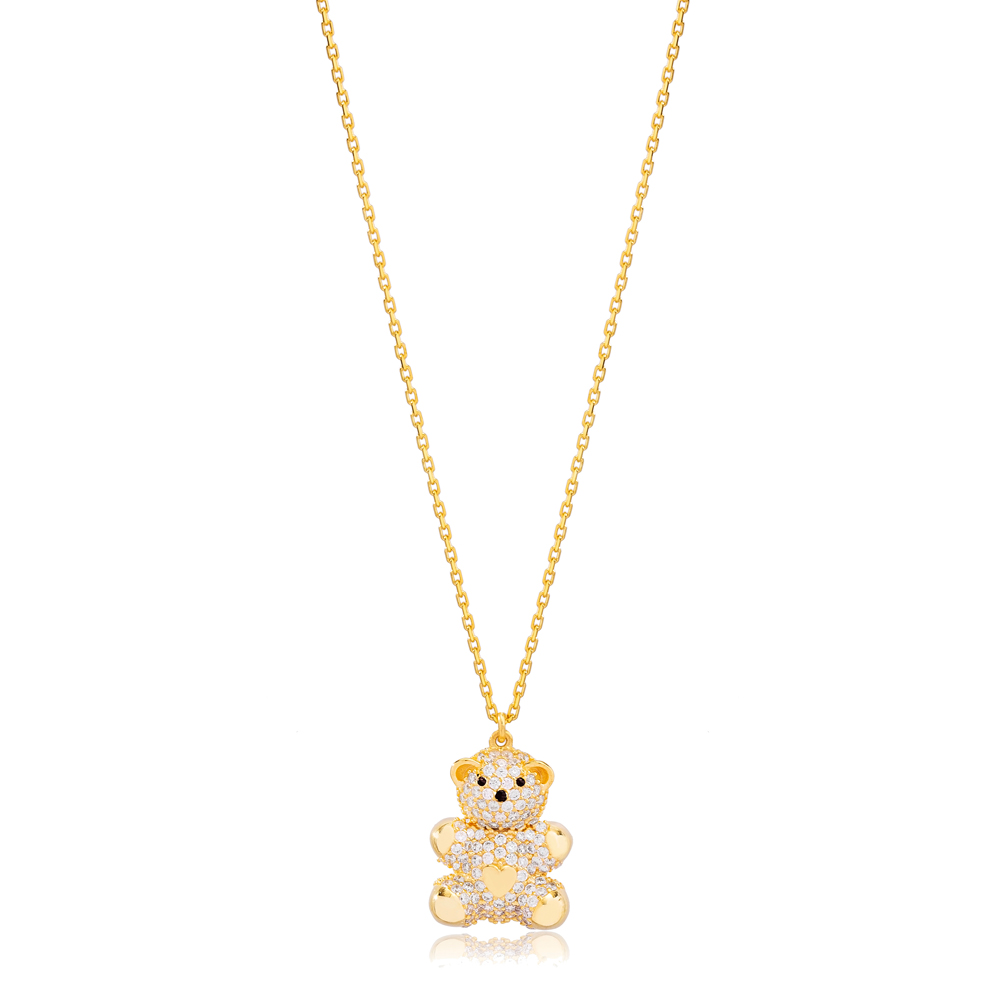 Stylish Bear Design Zircon Stone Animal Charm Pendant Necklace Turkish 925 Sterling Silver Jewelry