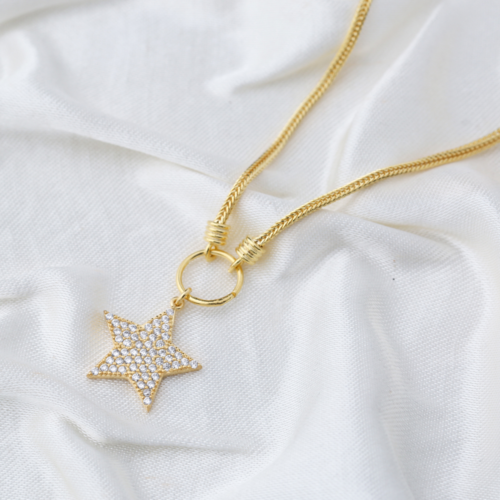 Trendy Star Design Zircon Stone Pendant Necklace Turkish 925 Sterling Silver Jewelry