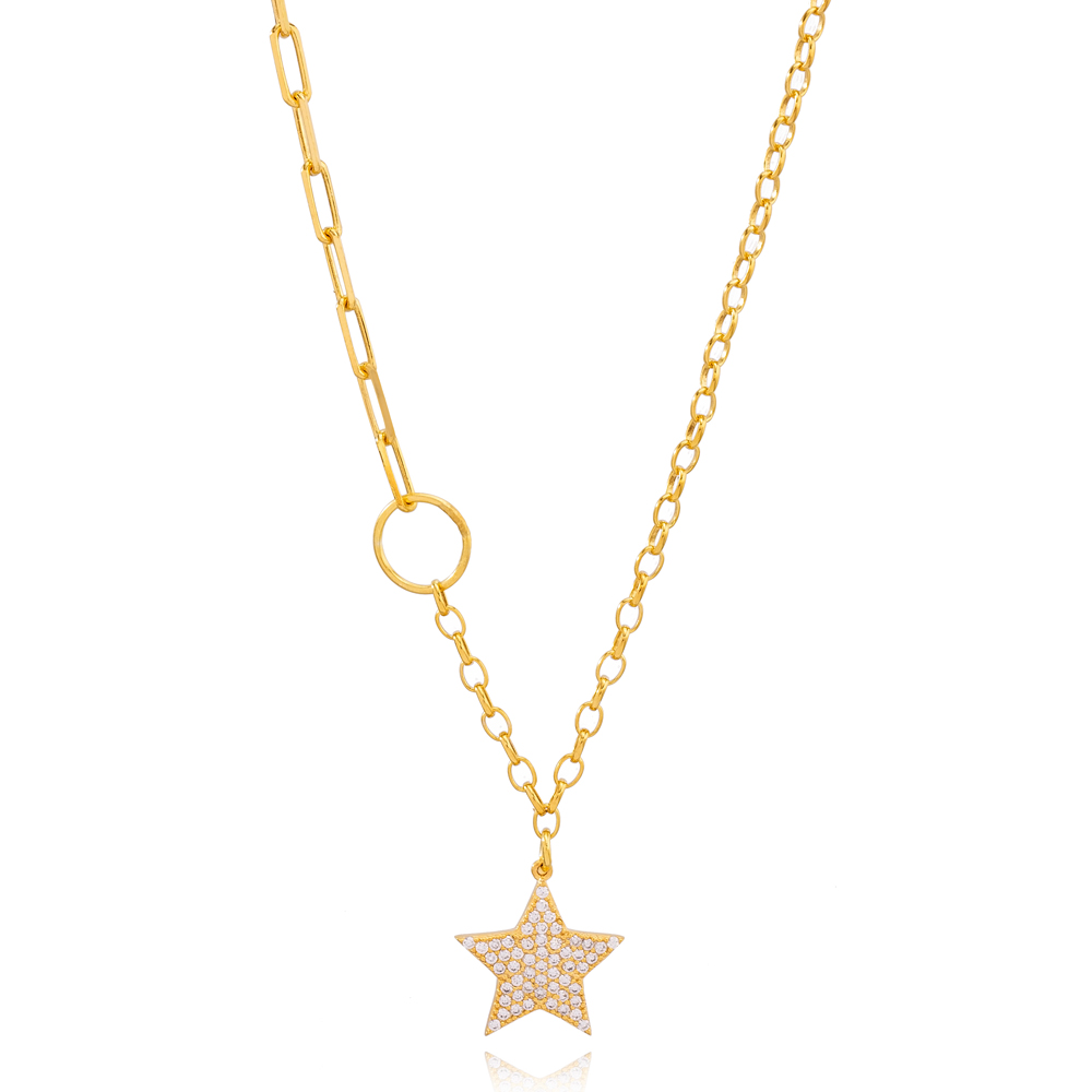 Dainty Zircon Stone Star Charm  Link and Cable Chain Pendant Necklace Turkish 925 Sterling Silver Jewelry