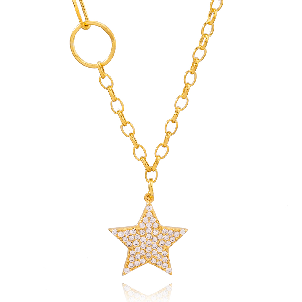 Dainty Zircon Stone Star Charm  Link and Cable Chain Pendant Necklace Turkish 925 Sterling Silver Jewelry