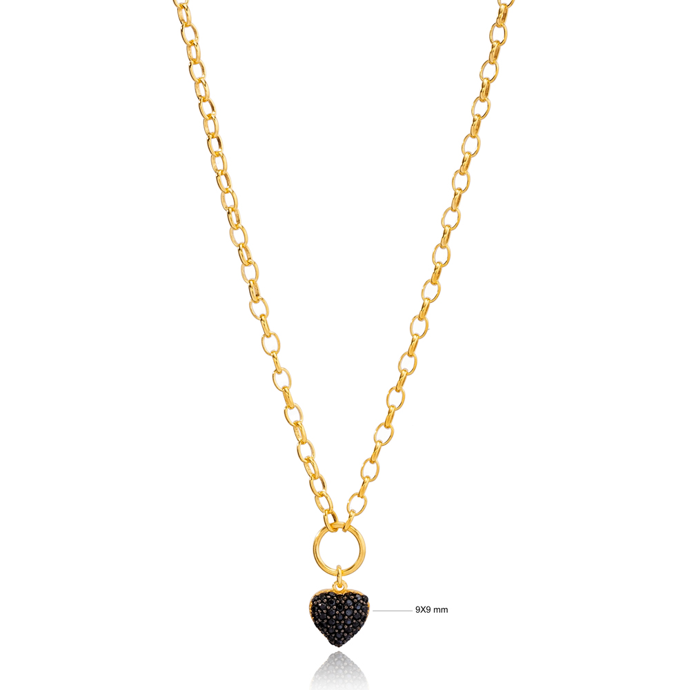 Heart Charm Black Zircon Hollow Cable Chain Pendant Necklace Turkish 925 Sterling Silver Jewelry