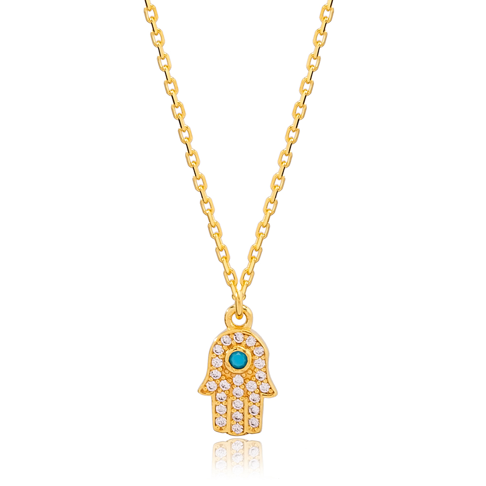 High Quality Hamsa Design Zircon and Turquoise Stone Necklace Turkish 925 Sterling Silver Jewelry