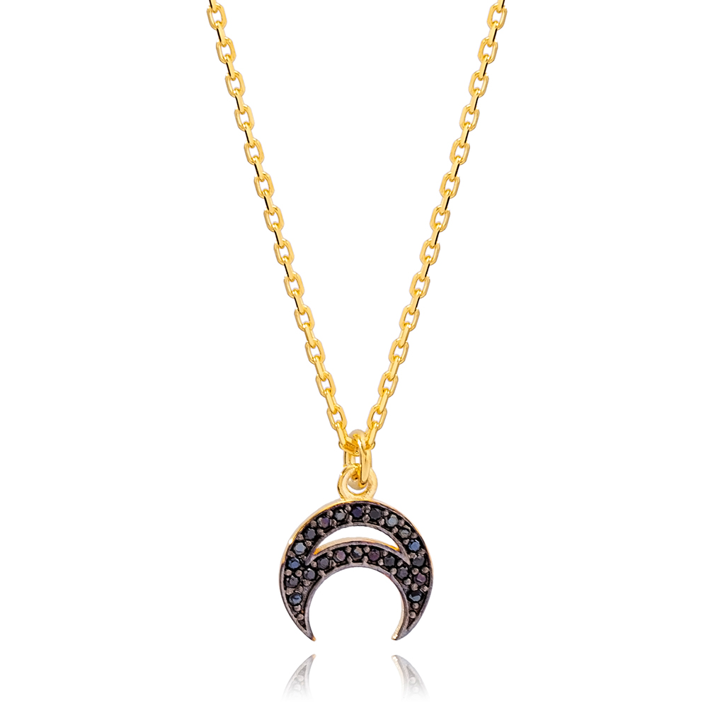 Fashionable Black Moon Design Zircon Stone Charm Necklace Turkish 925 Sterling Silver Jewelry