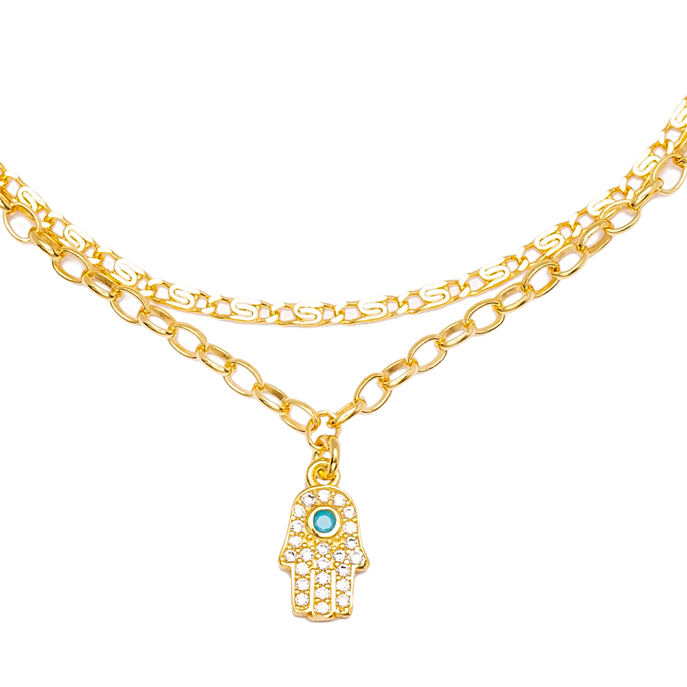 Dainty Zircon and Turquoise Stone Hamsa Charm Dual Chain Anklet Wholesale Handmade 925 Sterling Silver Jewelry