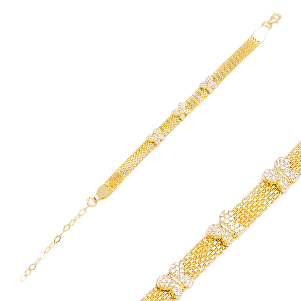 Lovely Butterfly Design Mesh Chain Bracelet Handmade Wholesale Turkish 925 Sterling Silver Jewelry