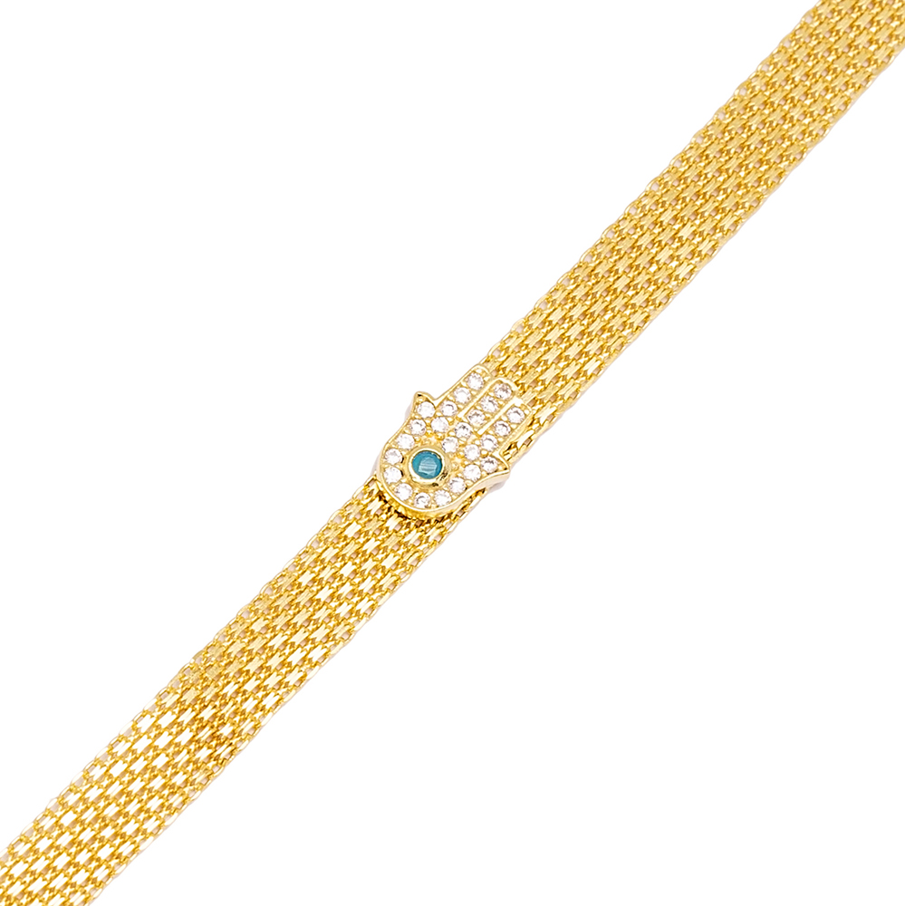High Quality Hamsa Design Mesh Chain Bracelet Handmade Wholesale Turkish 925 Sterling Silver Jewelry