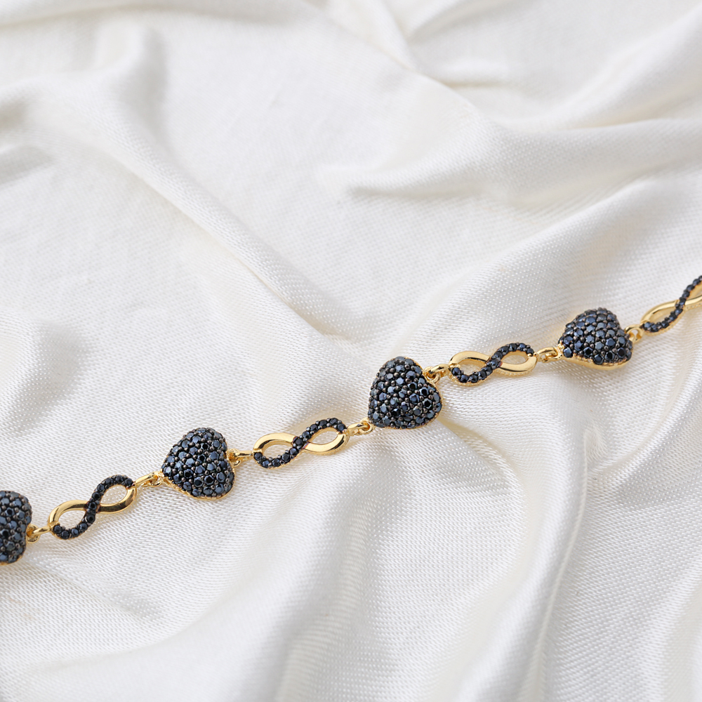 Minimalist Infinity Charm Black Heart Bracelet Handmade Wholesale Turkish 925 Sterling Silver Jewelry