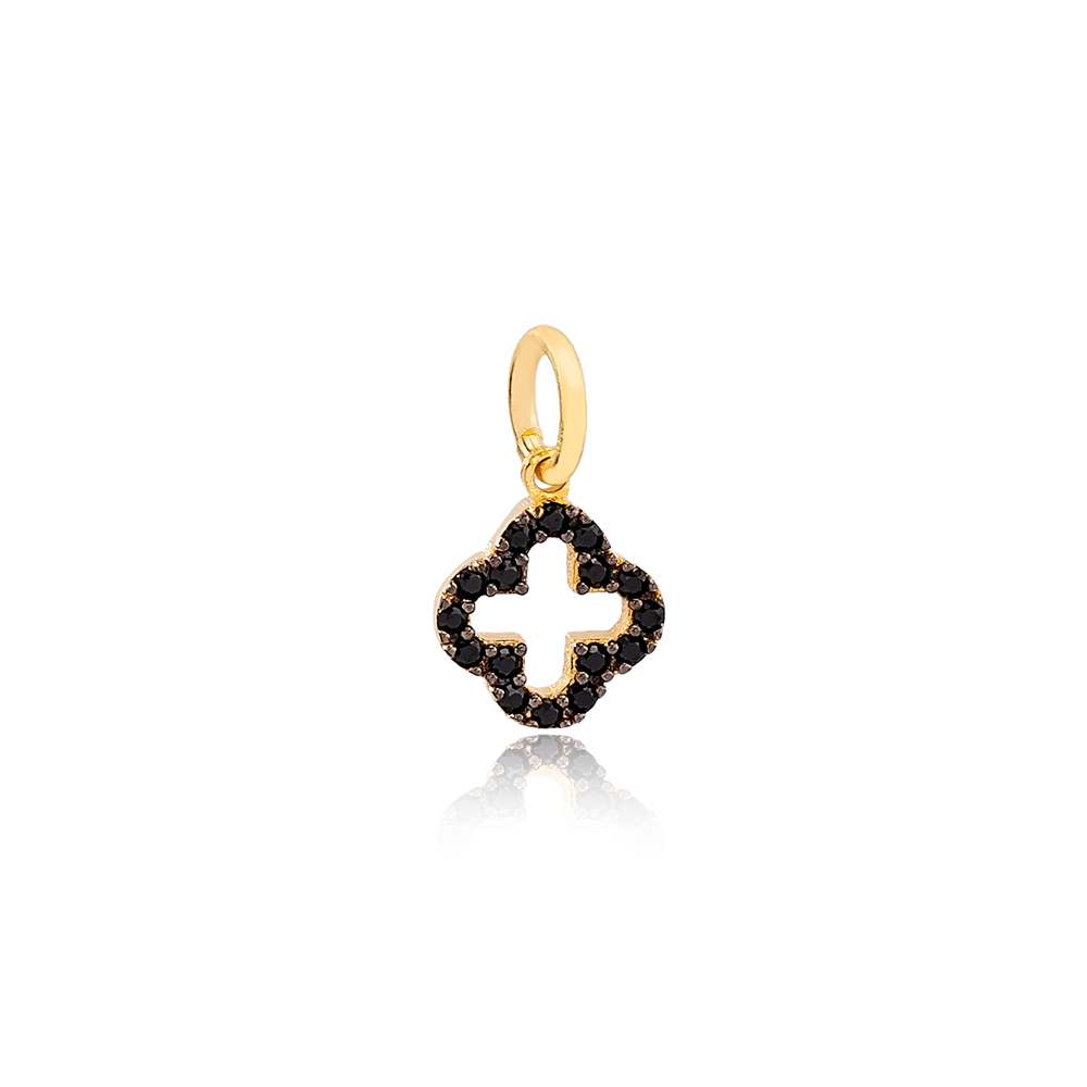 Four Clover Black Zircon Stone Charm Wholesale Handmade Turkish 925 Silver Sterling Jewelry