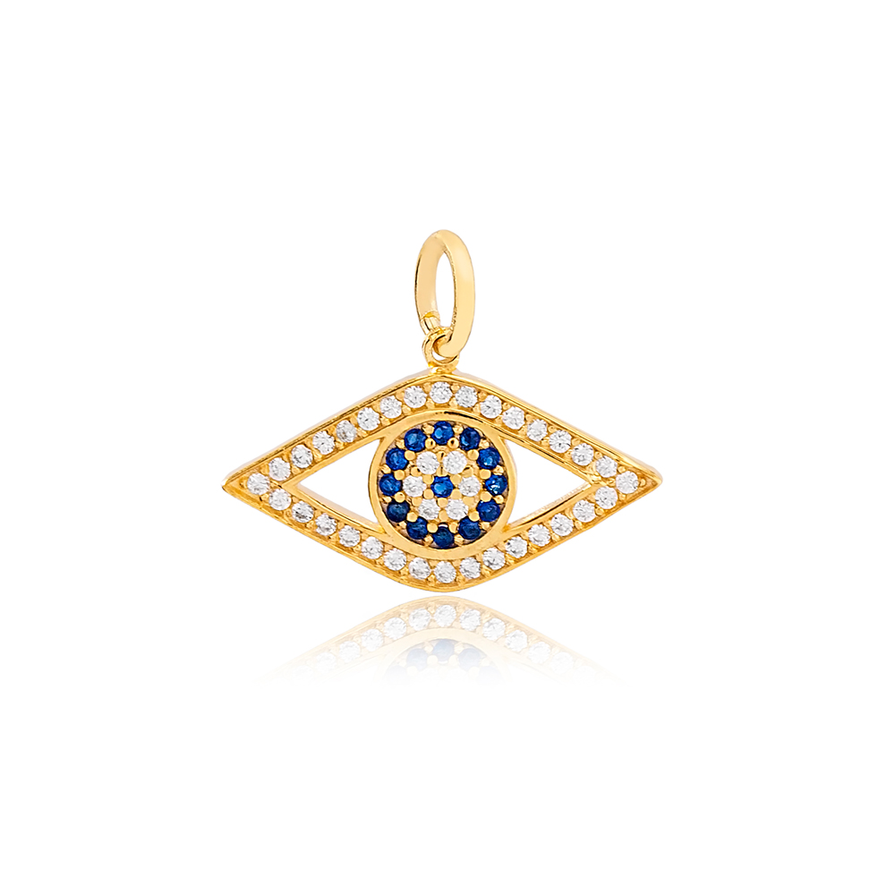 Sapphire and Zircon Stone Evil Eye Design Handmade Charm 925 Sterling Silver Wholesale Turkish Jewelry