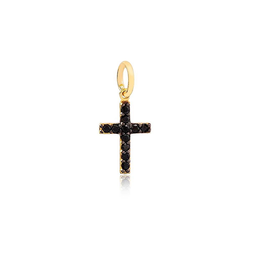 Symbolic Cross Design Black Zirconia Stone Necklace Charm  Handmade  Wholesale Turkish  925 Sterling Silver Jewelry