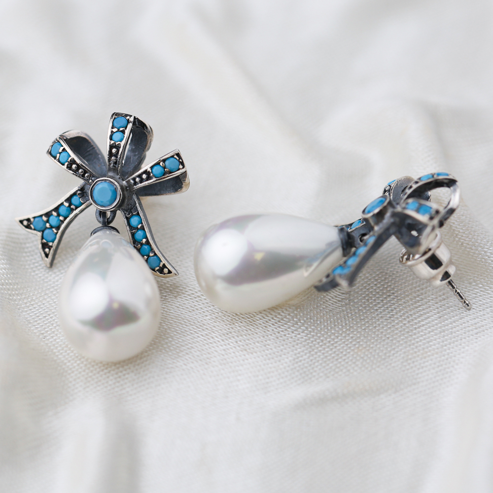 Ribbon Turquoise Design Mother of Pearl Charm Oxidized Stud Earrings Turkish Handmade 925 Sterling Silver Jewelry