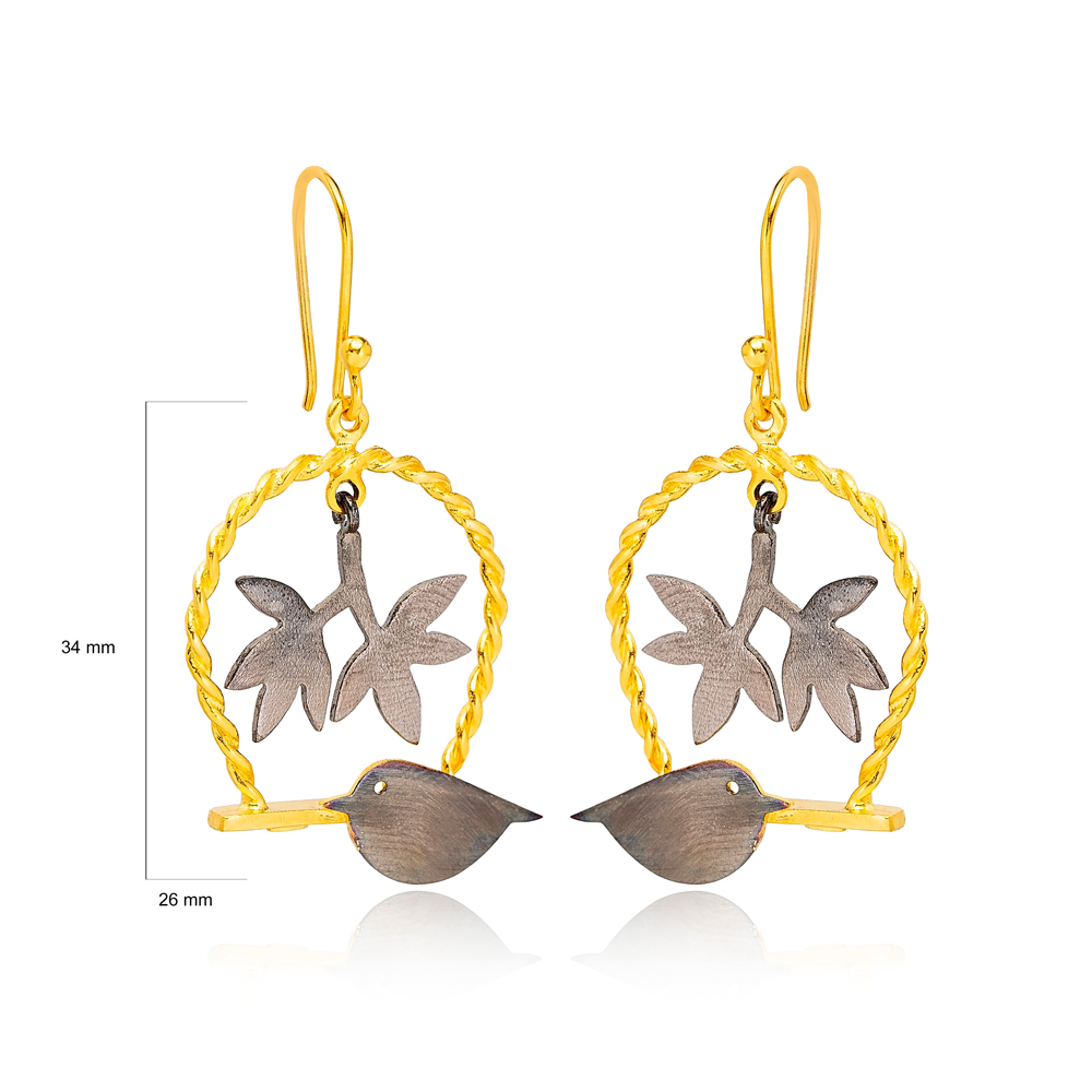 Oxidized Bird and Leaf Design 22K Gold Plated Dangle Earrings Turkish Wholesale Handmade 925 Sterling Silver Jewelry