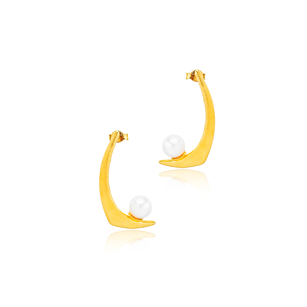 Unique Pearl Design 22K Gold Plated Stud Earrings Turkish Handmade 925 Sterling Silver Jewelry