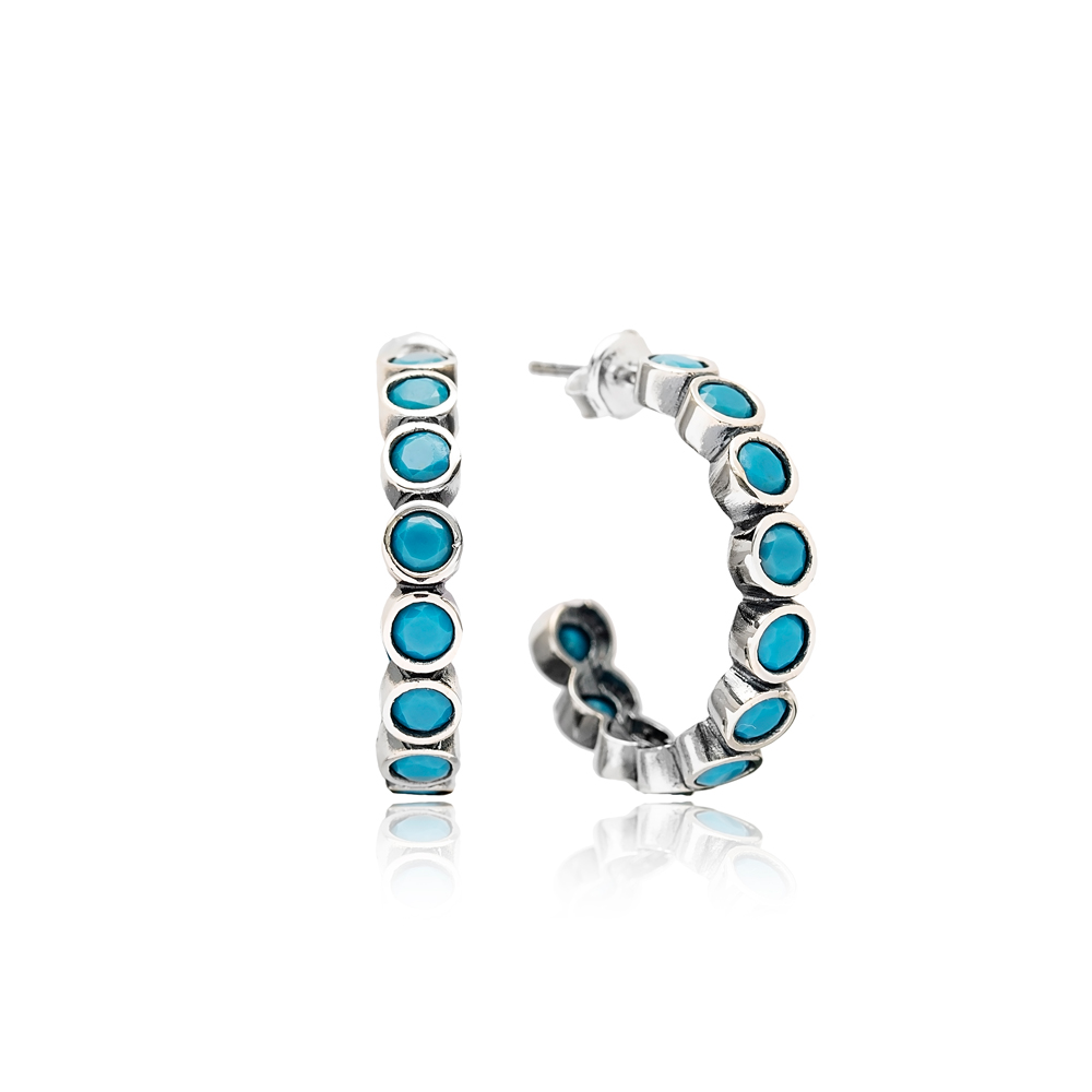 Multi Turquoise Stone Oxidized Plated Hoop Earrings Handcrafted Turkey Wholesale 925 Sterling Silver Jewelry