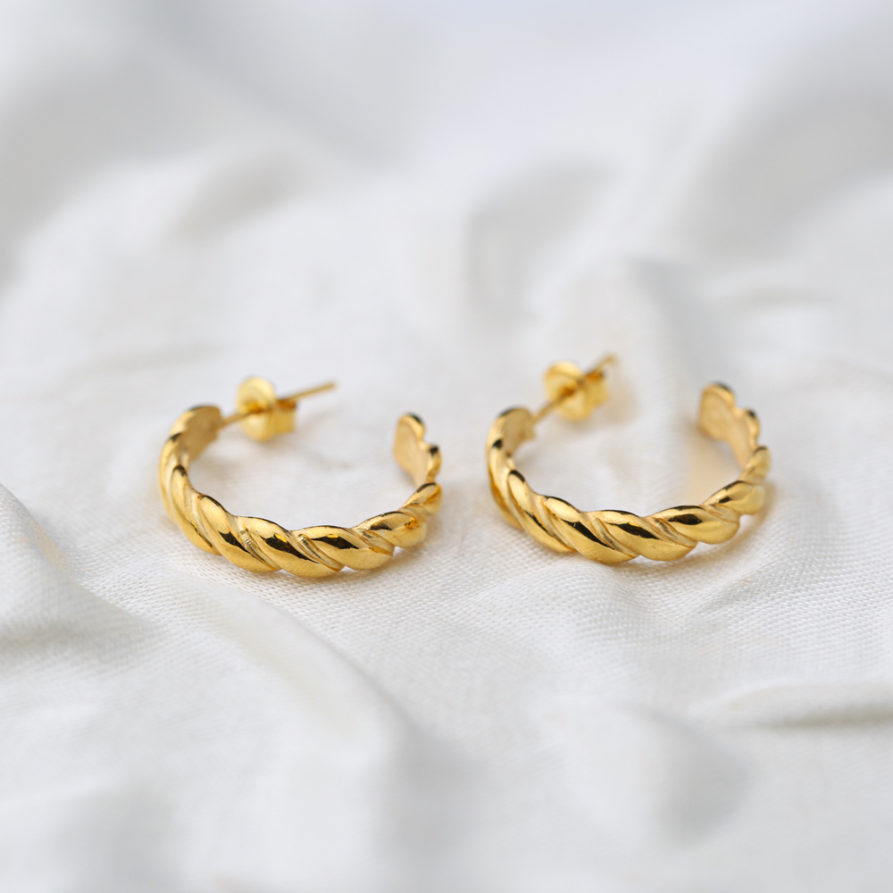 Twisted 22K Gold Plated Stud Design Handcrafted Wholesale 925 Sterling Silver Hoop Earrings Jewelry