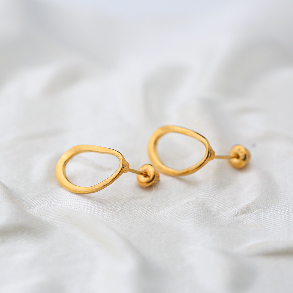 Oval Geometric Style 22K Gold Plated Stud Earrings Handcrafted Wholesale 925 Sterling Silver Turkey Jewelry