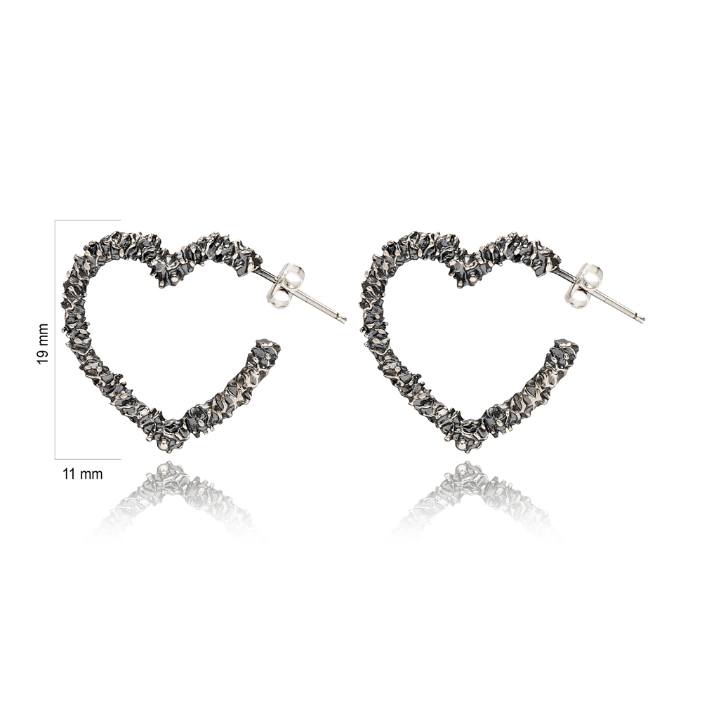 Lovely Heart Oxidized Plated Design Handcrafted Turkish Wholesale 925 Sterling Silver Stud Earrings Jewelry