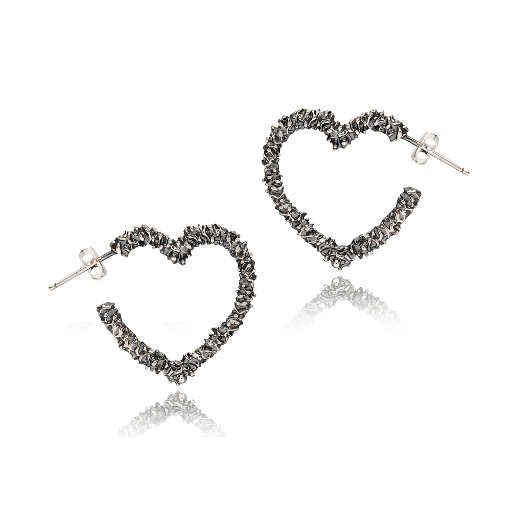 Lovely Heart Oxidized Plated Design Handcrafted Turkish Wholesale 925 Sterling Silver Stud Earrings Jewelry