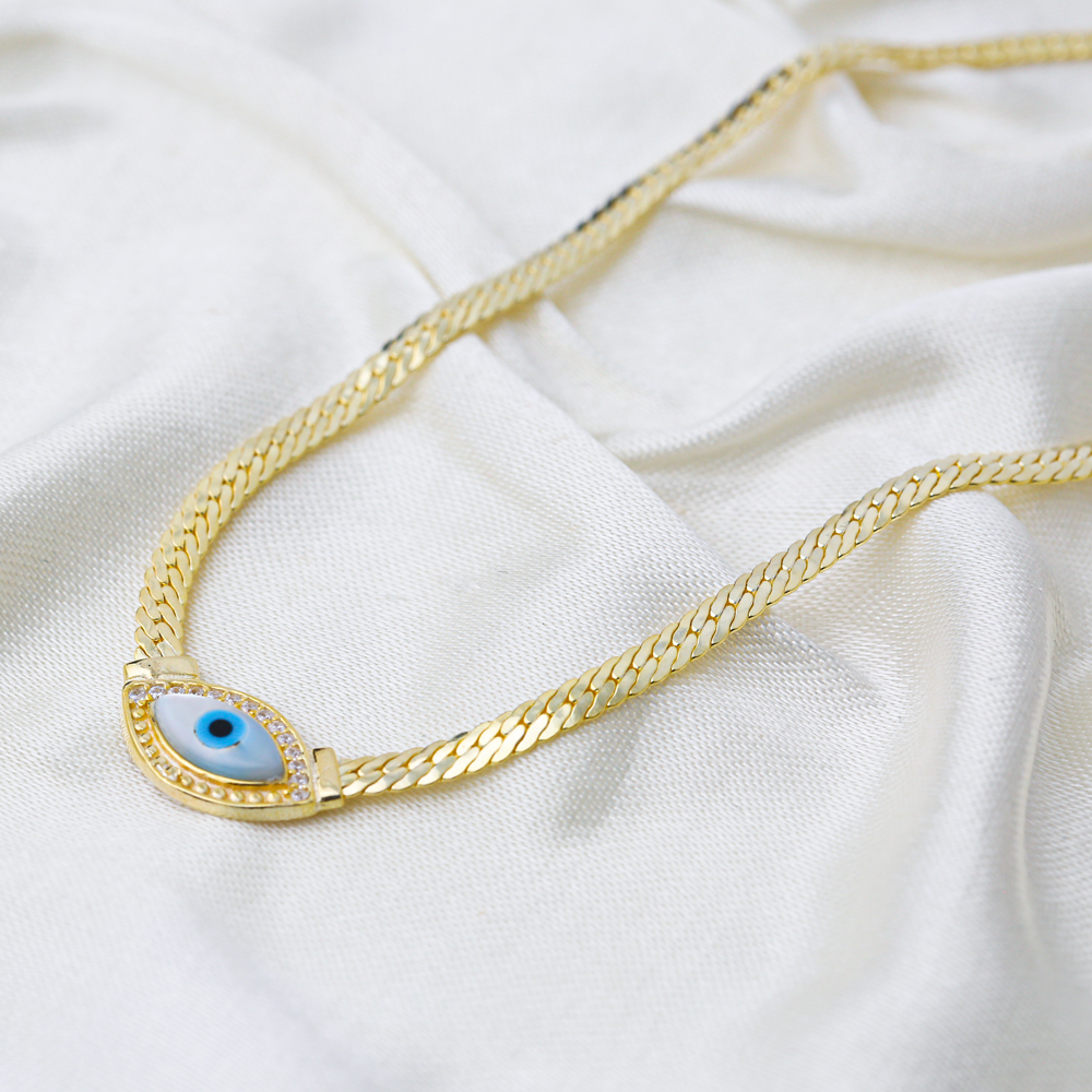 Elegant Evil Eye Curb Chain Design Charm Necklace Handmade Turkish 925 Sterling Silver Jewelry
