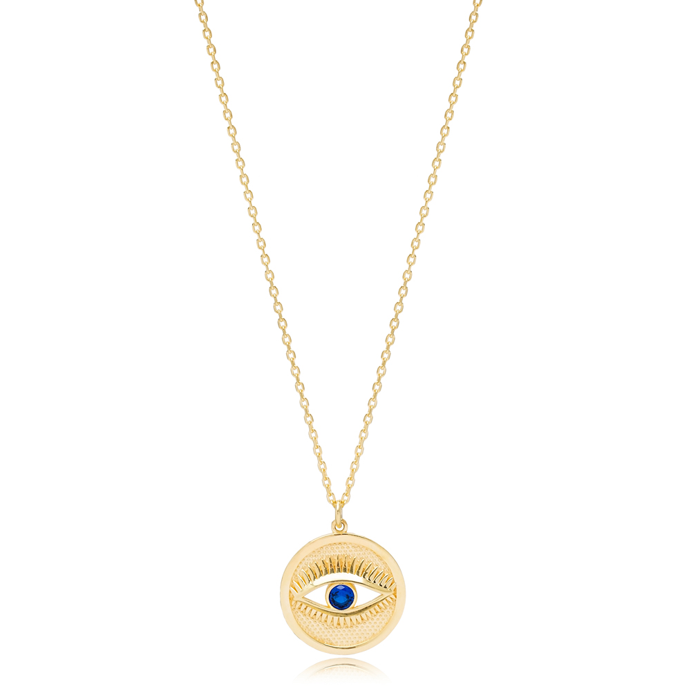 Round Evil Eye Design Sapphire Stone Charm Necklace Handmade Turkish 925 Sterling Silver Jewelry