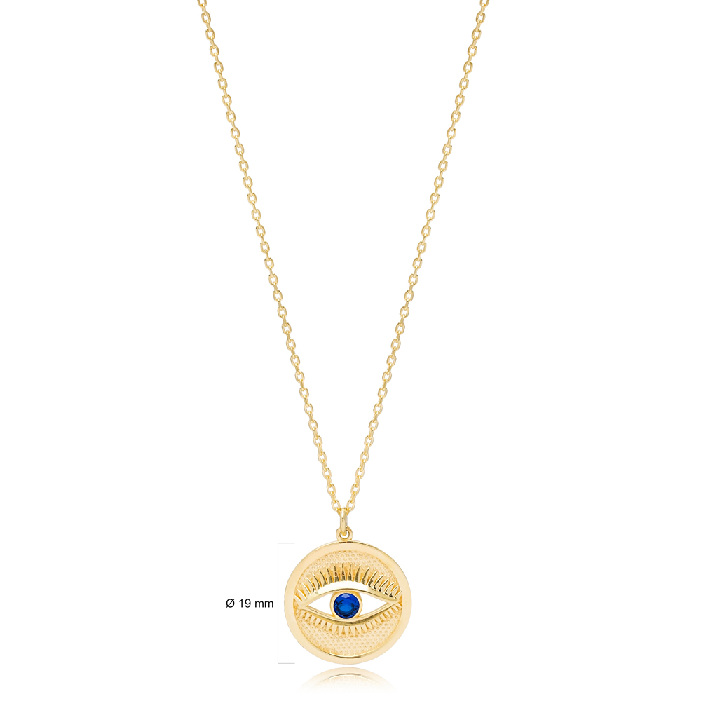 Round Evil Eye Design Sapphire Stone Charm Necklace Handmade Turkish 925 Sterling Silver Jewelry
