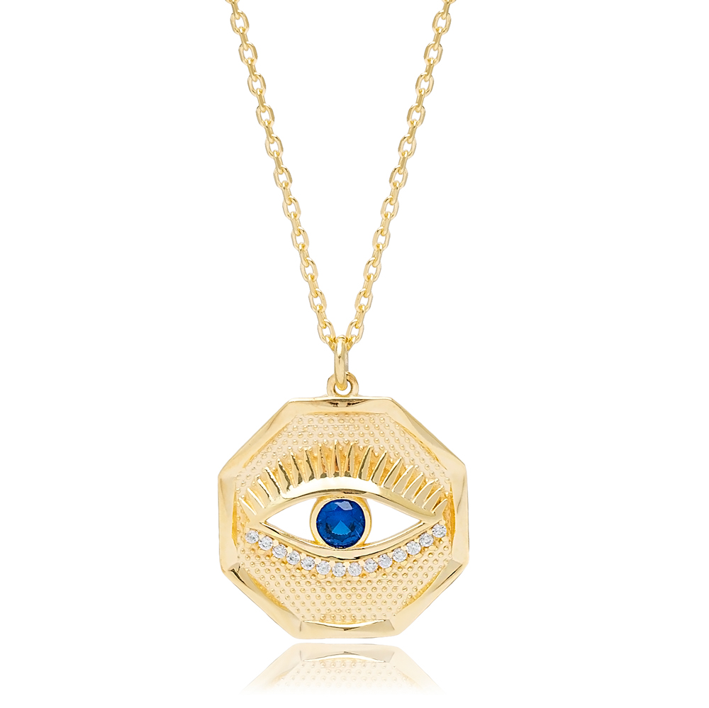 Sapphire Evil Eye Design Charm Necklace Handmade Turkish 925 Sterling Silver Jewelry
