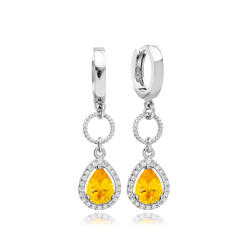 Drop Citrine Charm 12mm Hoop Rhodium Plated Dangle Earrings Handmade Turkish Wholesale 925 Sterling Silver Jewelry