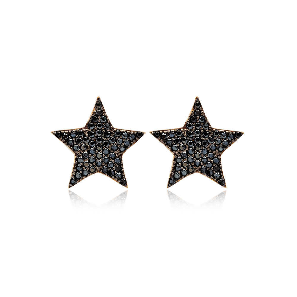 Black Star Zircon Design Stud Earrings Handcrafted Turkish Wholesale 925 Sterling Silver Jewelry