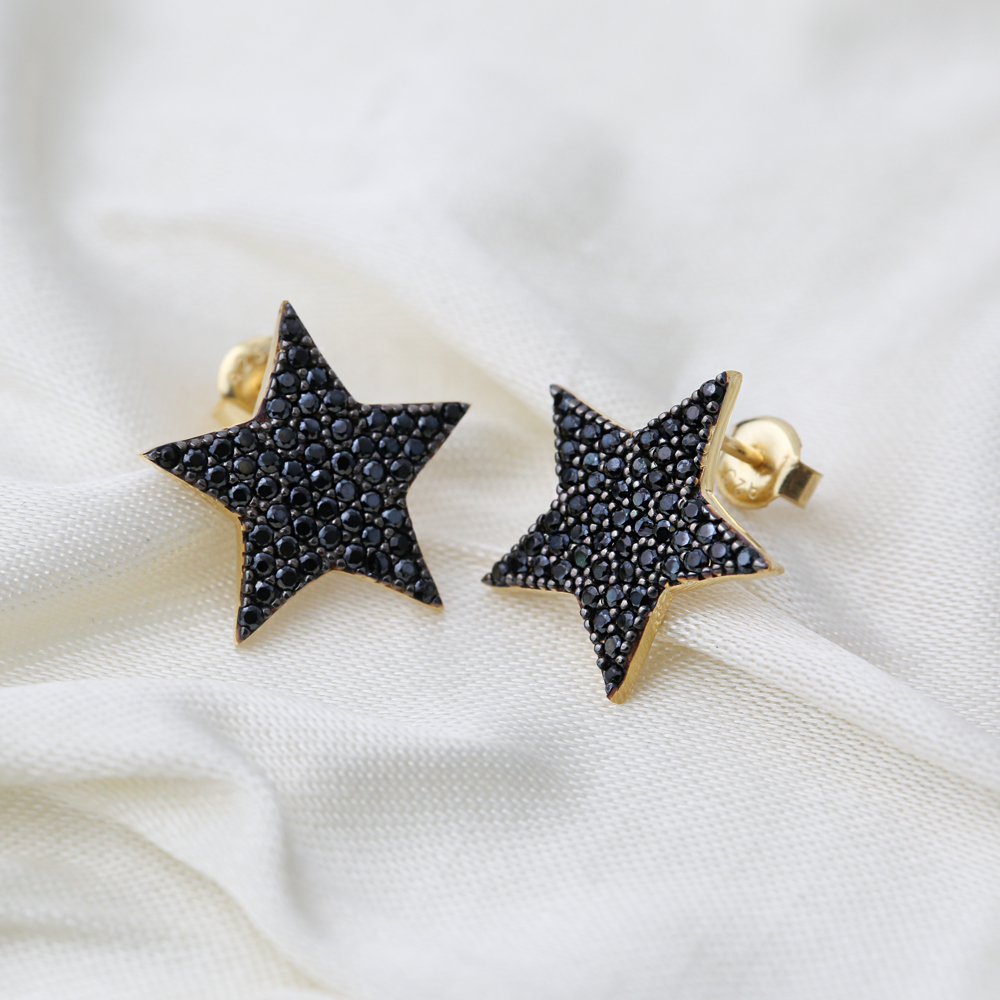 Black Star Zircon Design Stud Earrings Handcrafted Turkish Wholesale 925 Sterling Silver Jewelry