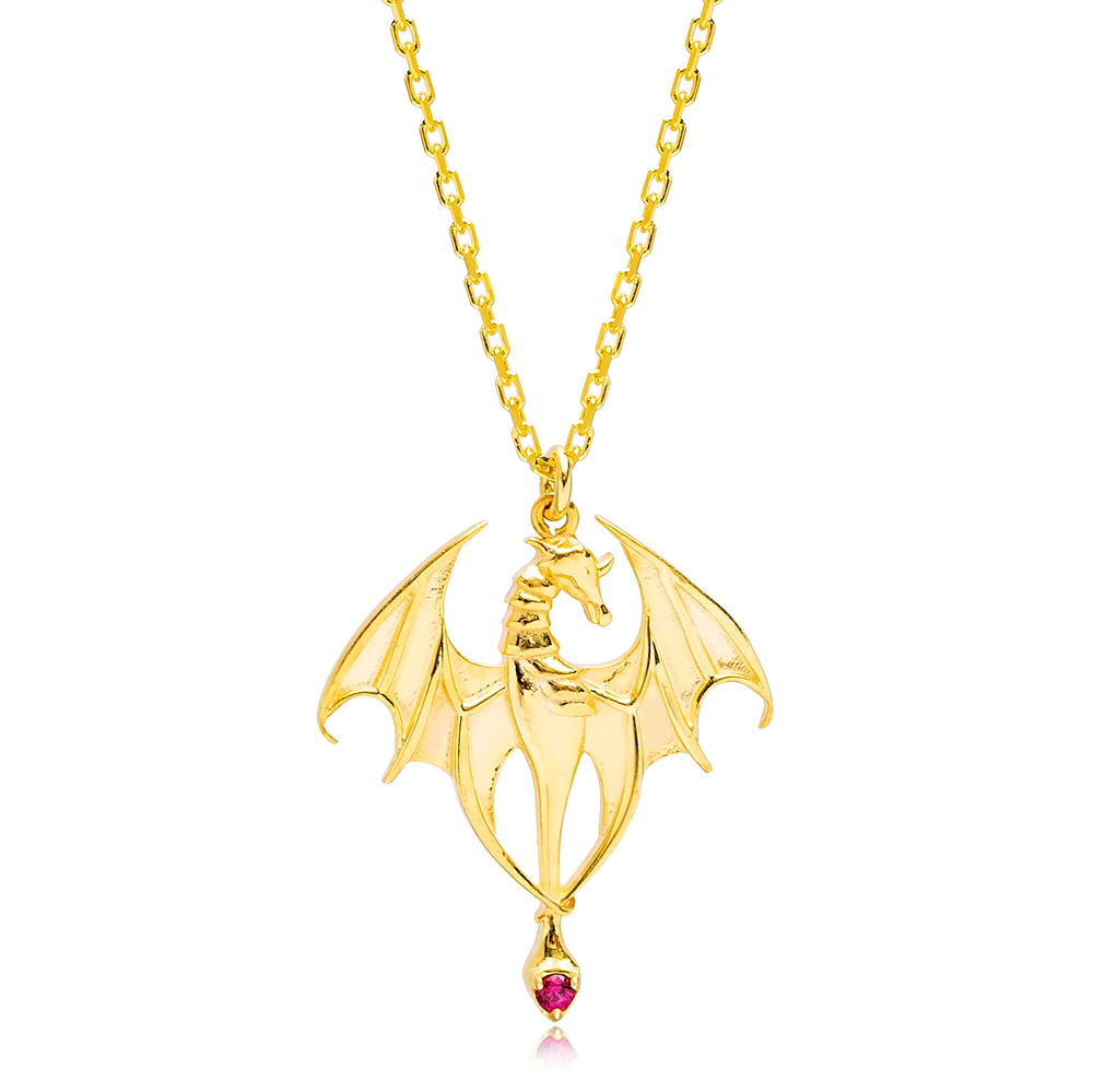 Trendy Dragon Ruby Stone Detailed Charm Necklace Handmade Turkish 925 Sterling Silver Jewelry