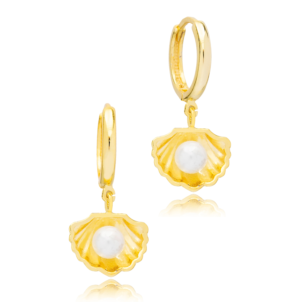 Seashell Pearl Design 13mm Hoop Dangle Earrings Handmade Turkish Wholesale 925 Sterling Silver Jewelry