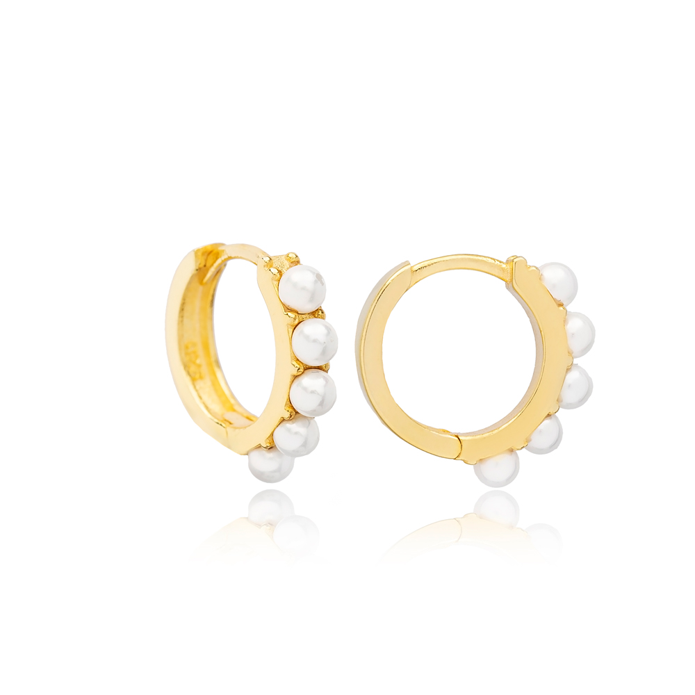 Pearl Stone Design Hoop Earrings Handcrafted Turkish Theia Wholesale 925 Sterling Silver Jewelry