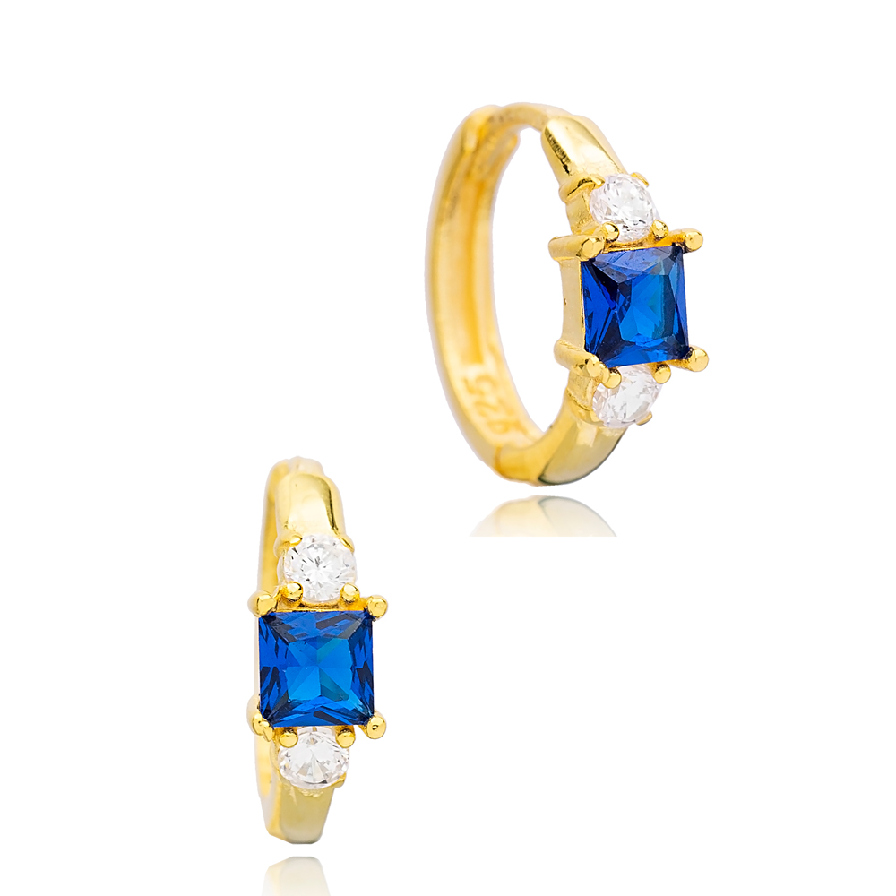 Sapphire Square Design Hoop Earrings Handcrafted Turkish Theia Wholesale 925 Sterling Silver Jewelry
